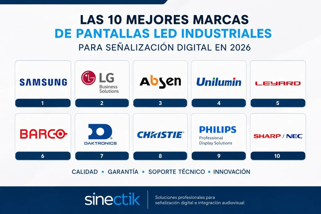 Las 10 mejores marcas de pantallas LED industriales para señalización digital en 2026: comparativa de calidad, garantía y soporte técnico